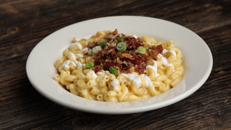 Monster Mac macaroni and cheese on a white plate