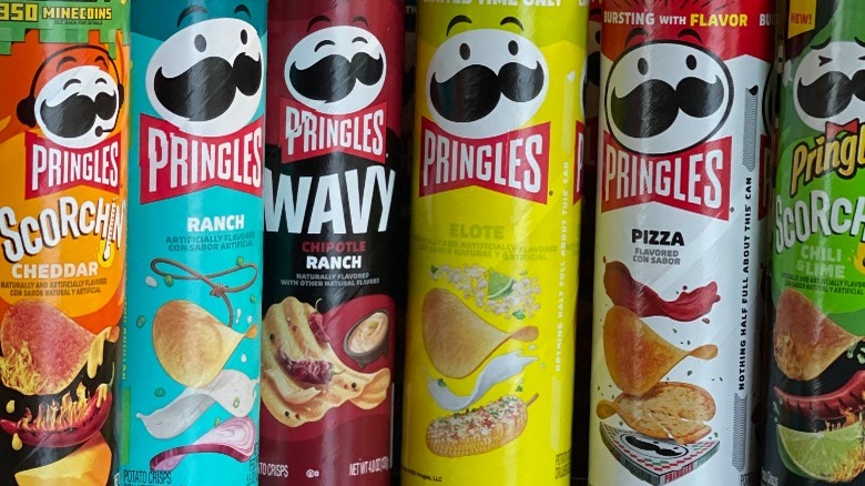 various Pringles cans lined up