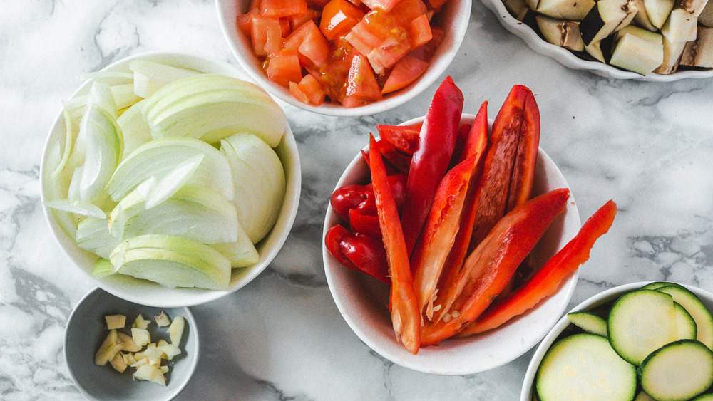 ingredients in bowls for late summer ratatouille