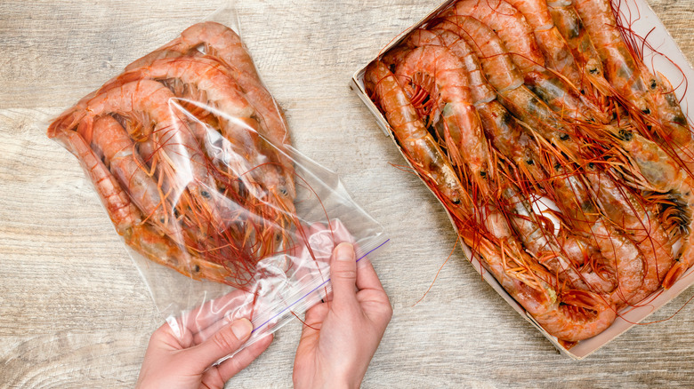 Placing large shrimp in freezer bags