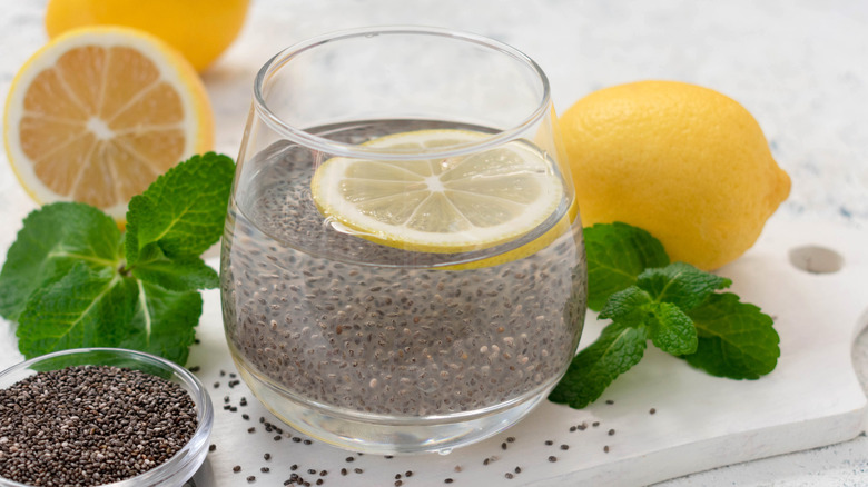 Chia seeds, lemon, glass of water