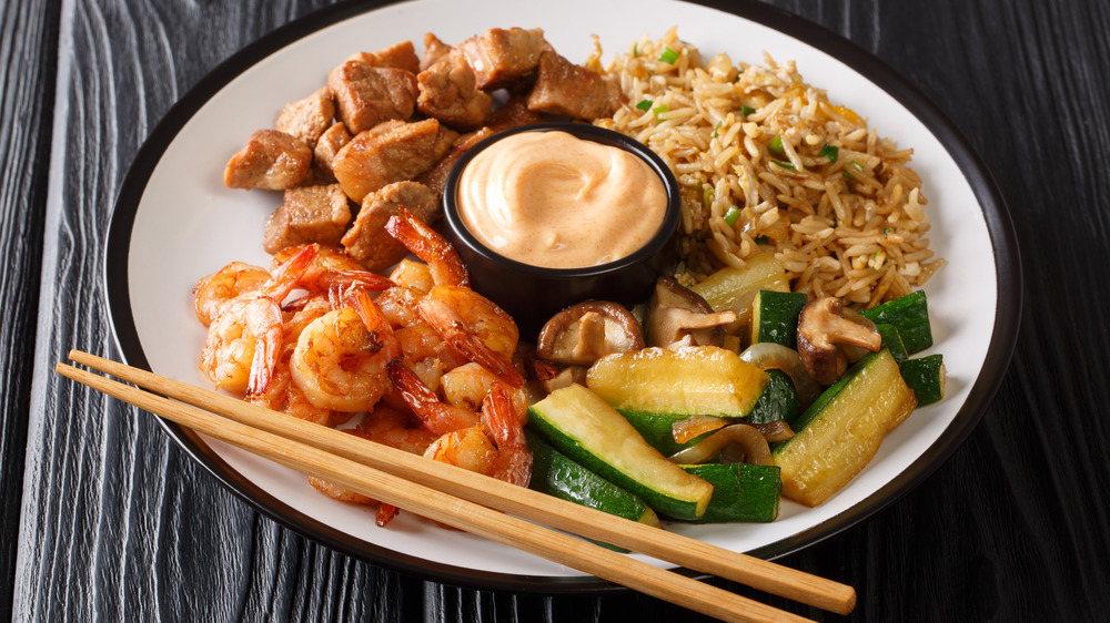 Hibachi restaurant plate with yum yum sauce