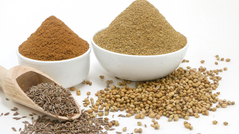 Coriander powder in a white bowl with whole coriander seeds