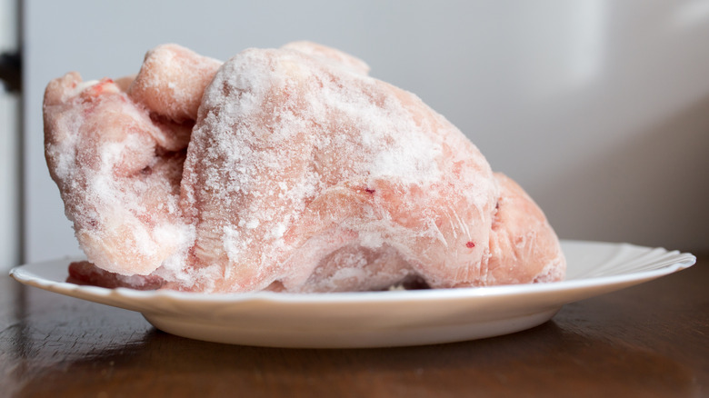 Plate of frozen chicken