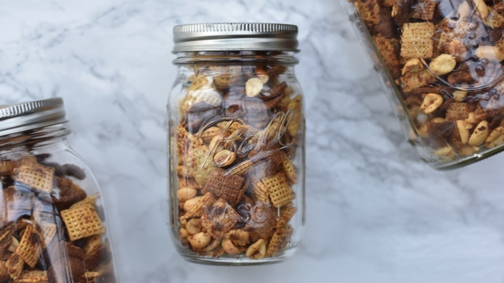 mason jar filled with chex mix