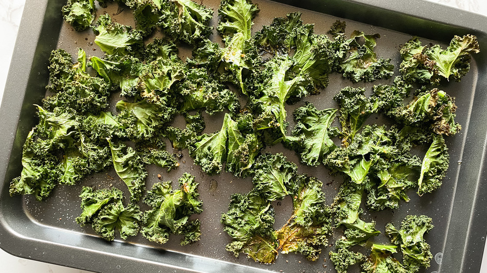 baked kale chips on a sheet pan