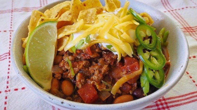 bowl of chili with cheese