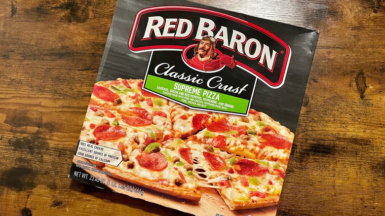 A Red Baron Classic Crust Supreme pizza box