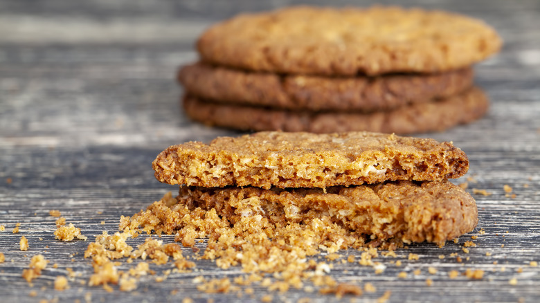 Cookie crumbs on wooden counter