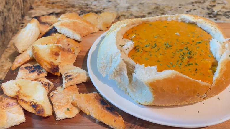 Seafood fondue bread bowl