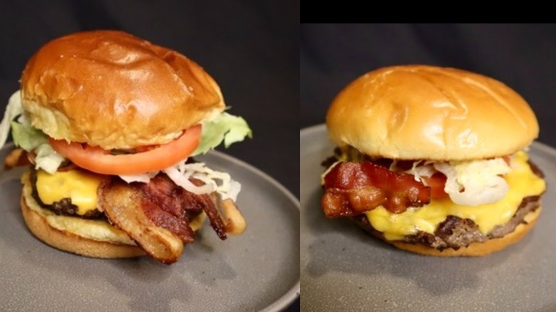 Bacon cheeseburgers on plates side by side