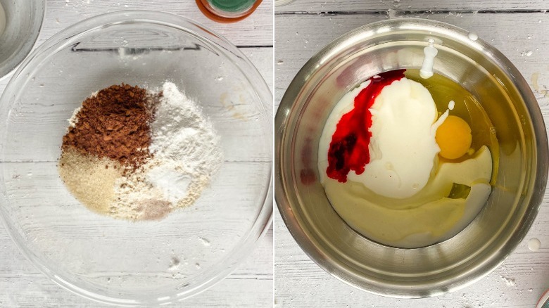 mixing red velvet pancake ingredients