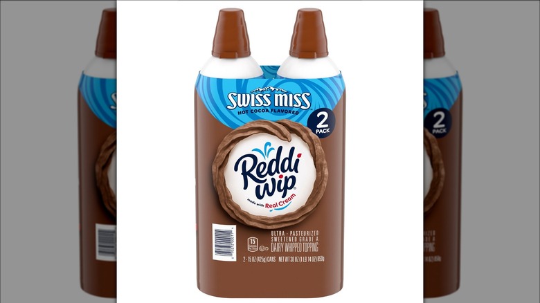 A two pack of Reddi-wip Swiss Miss hot cocoa flavored whipped topping