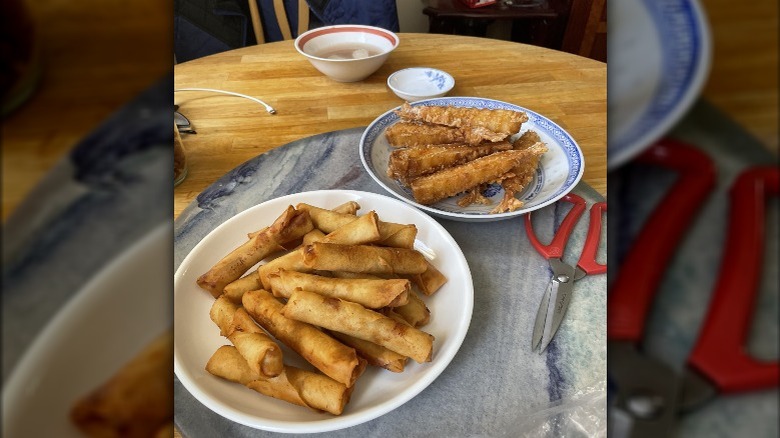 Costco lumpia on a ready-to-serve plate  