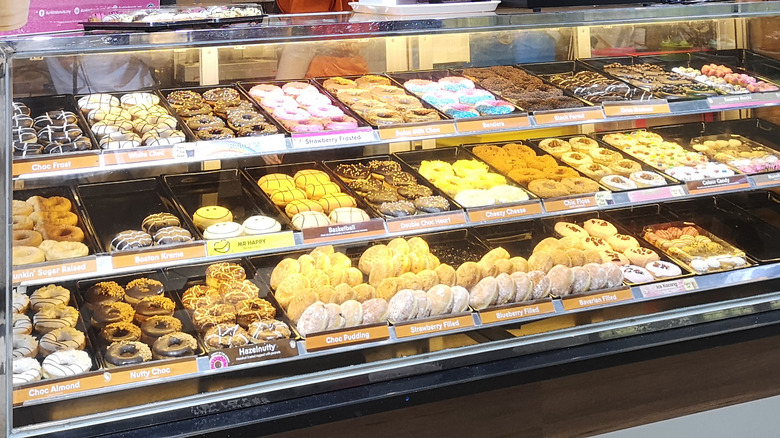 Selection of donuts in Dunkin' store