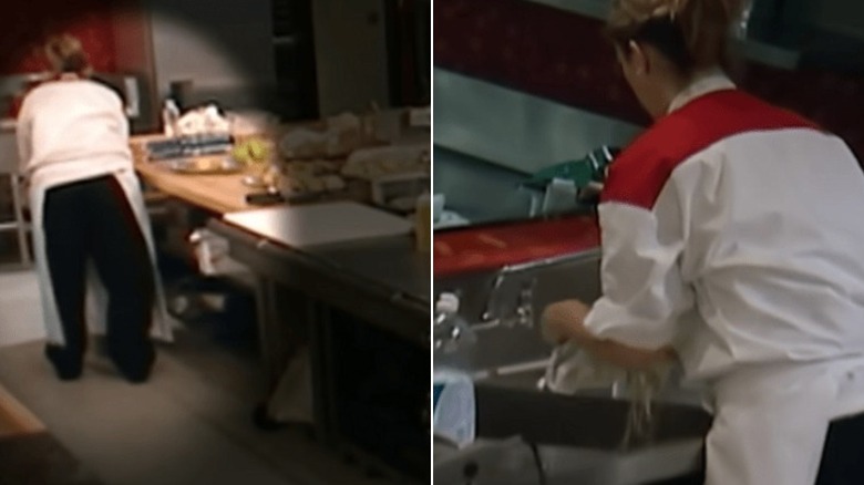 Hell's Kitchen's Jen retrieving pasta from the garbage and washing it