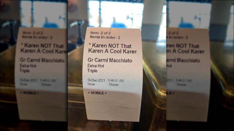 A receipt from Starbucks for Karen