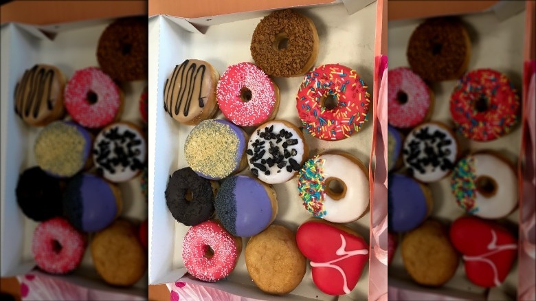 Box of colorful donuts from Dunkin'