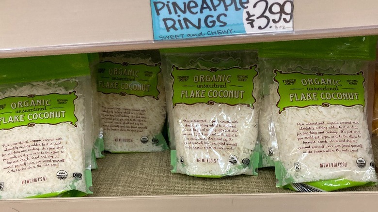 Bags of Trader Joe's organic unsweetened flake coconut