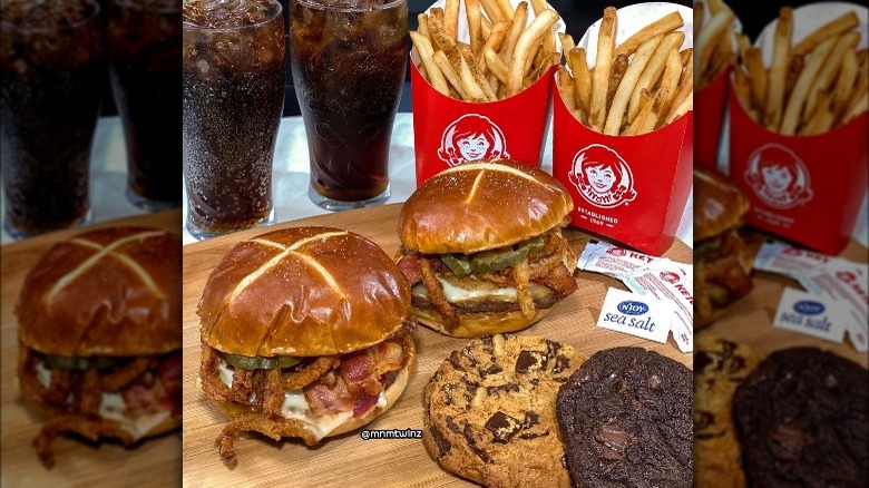 Wendy's pretzel bacon pub cheeseburgers, fries, cokes, and cookies