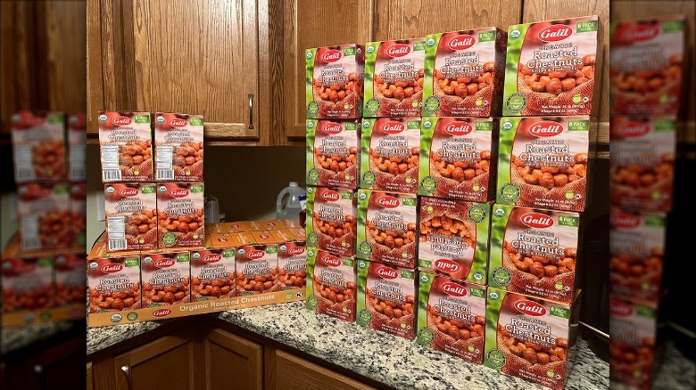 Boxes of chestnuts on counter