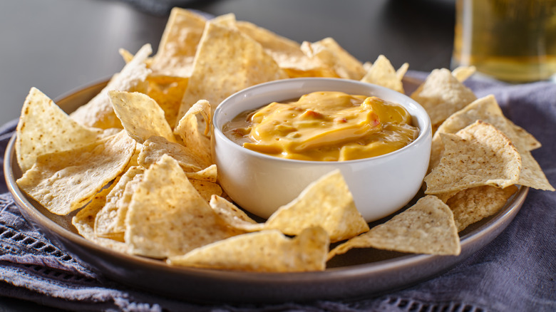 A plate of tortilla chips with a bowl of queso in the center