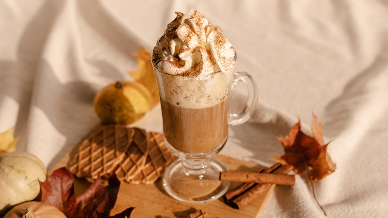 latte with whipped cream, next to cinnamon sticks, leaves, mini pumpkins