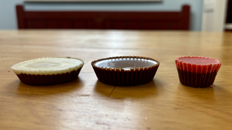 Three different flavors of Reese's cups lined up