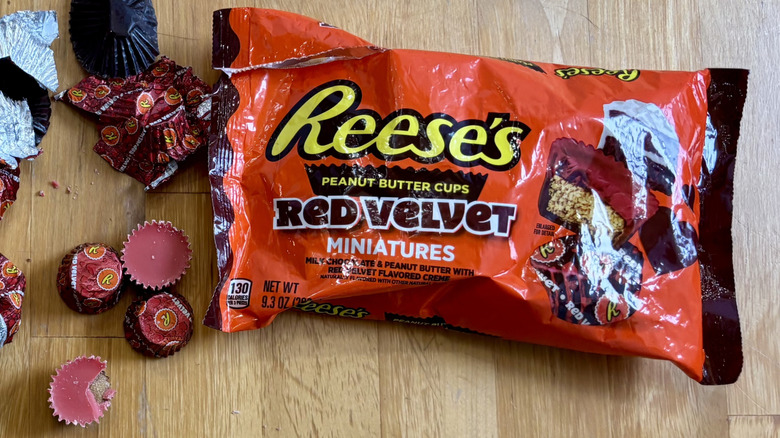 An opened bag of Reese's red velvet miniature cups