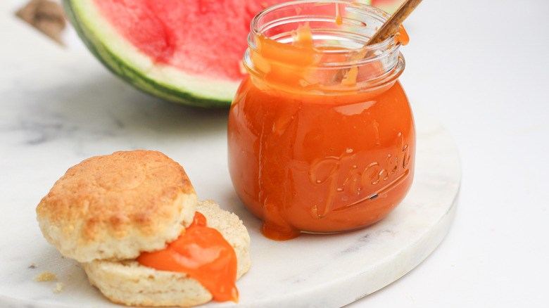 Watermelon curd and biscuits