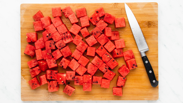 diced watermelon on chopping board