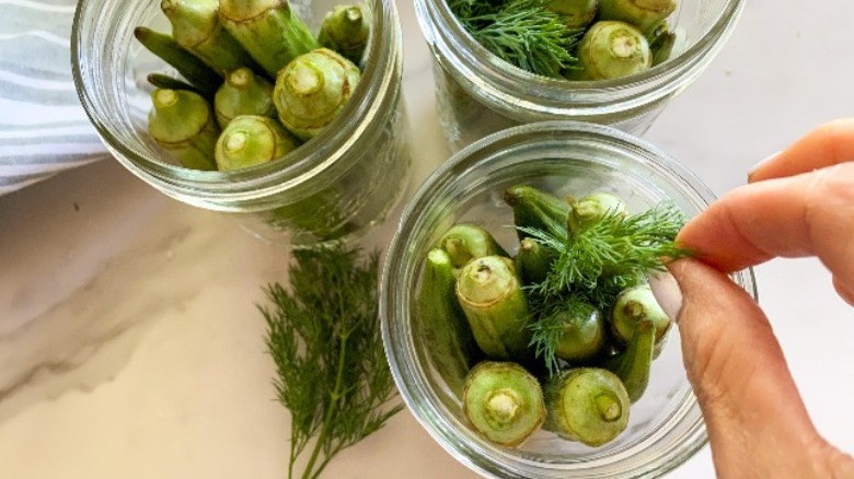 hand adding dill to jars with okra