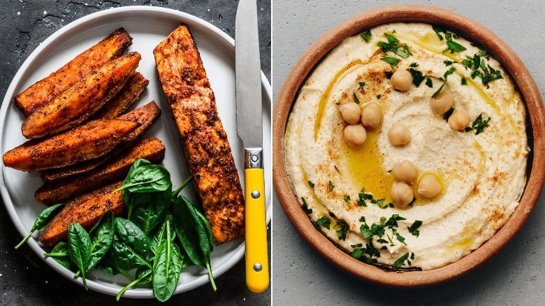 healthy salmon, sweet potatoes, hummus