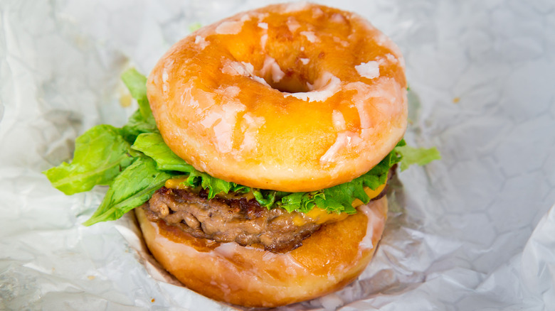 Cheeseburger with glazed donuts for buns