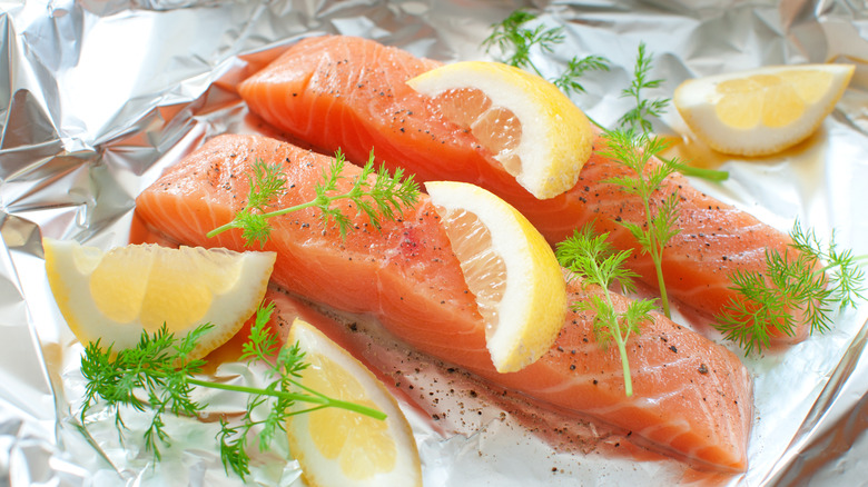 salmon fillets on tin foil