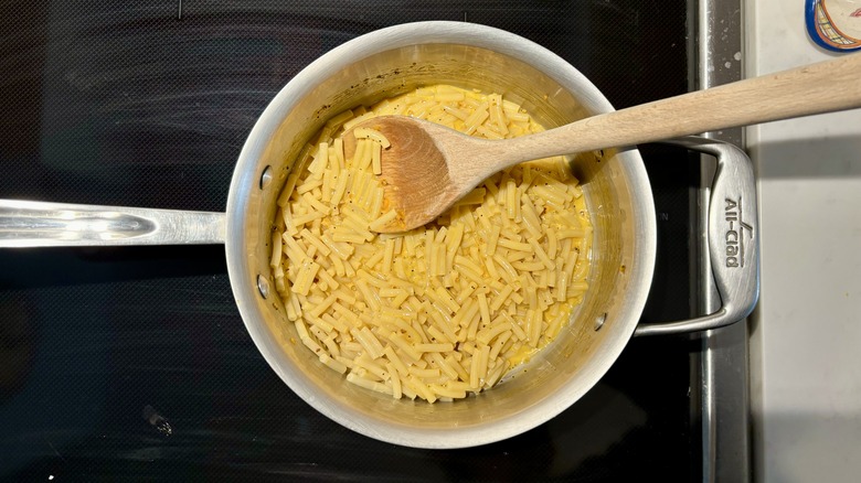 A pot of cooked mac and cheese