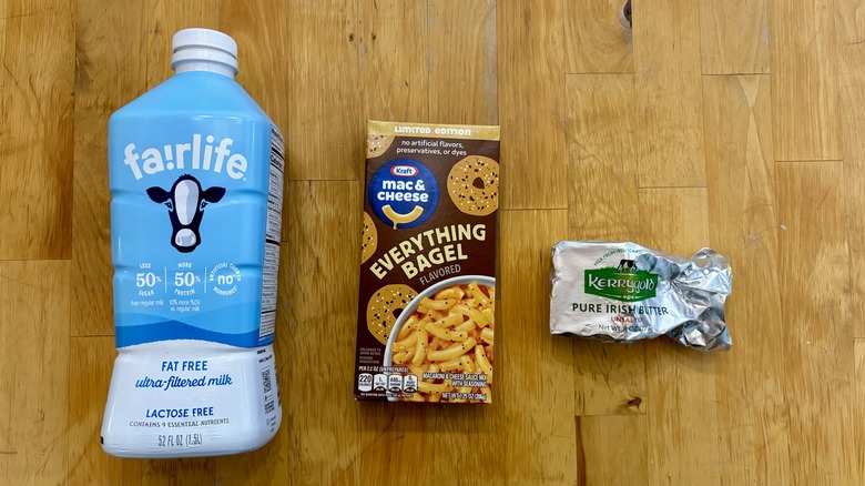 Mac and cheese box, milk container, and butter