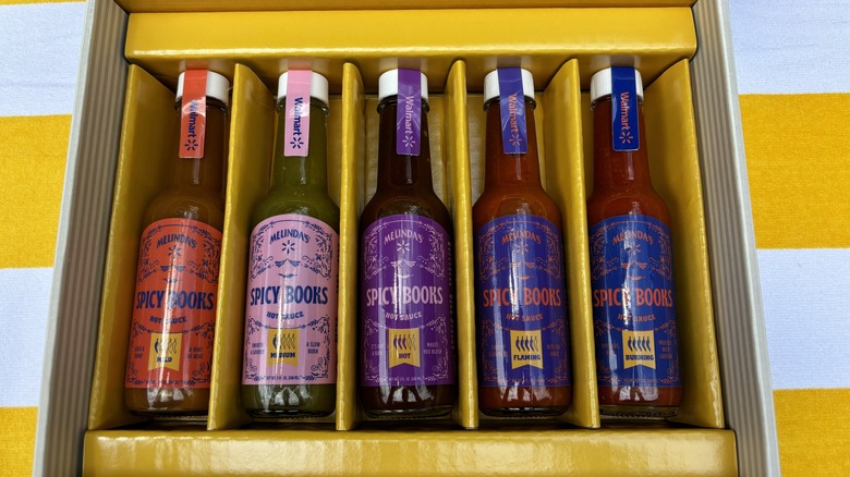 set of five hot sauce bottles in box