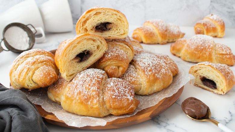 nutella filled croissants in bowl closeup