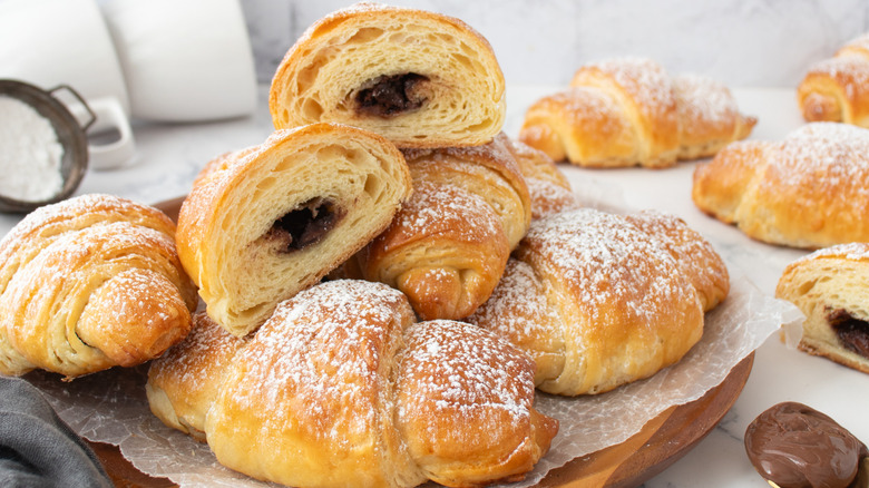 Nutella filled croissants in bowl closeup