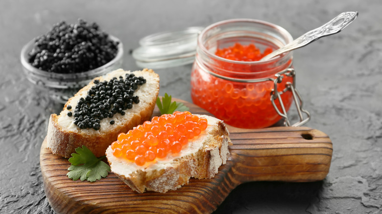 Salmon roe and caviar on crostini