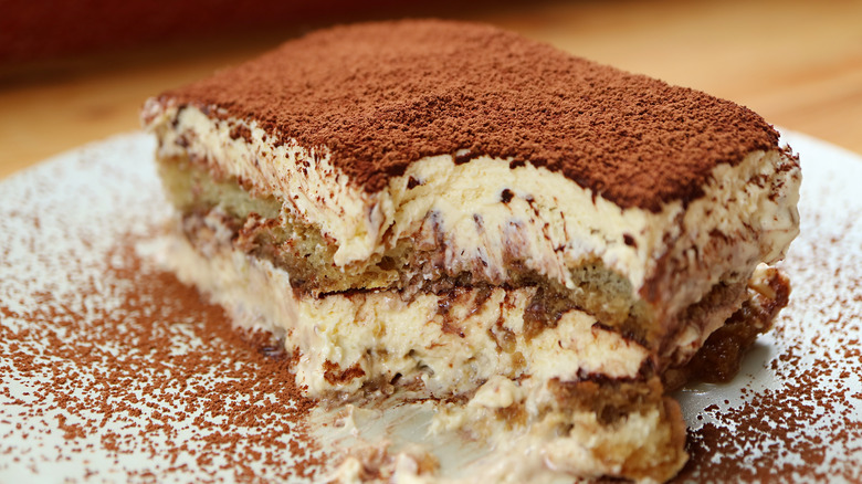 Tiramisu dusted with cocoa powder