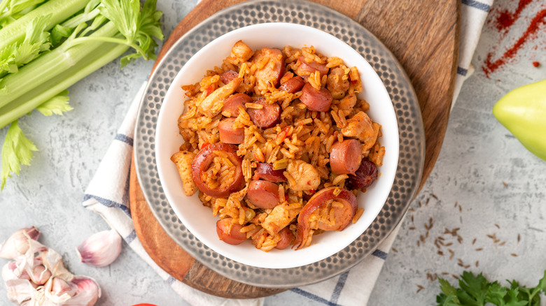 Jambalaya in a white bowl