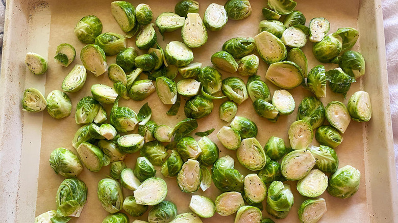 Brussels sprout halves on baking sheet
