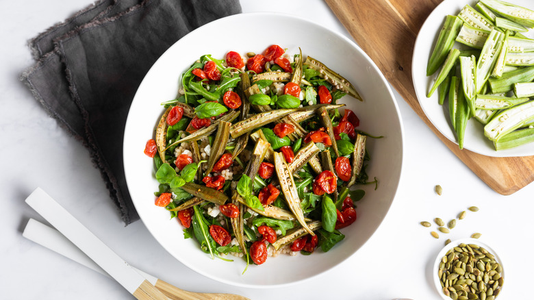 okra tomato salad in bowl