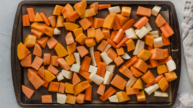 root vegetables on pan 