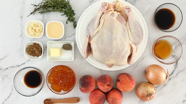 ingredients for roasted spatchcock chicken with balsamic peaches