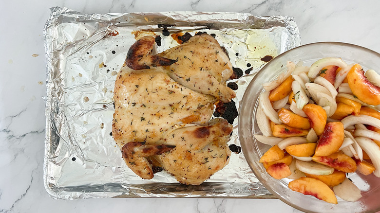 peach sauce over marinated baked chicken