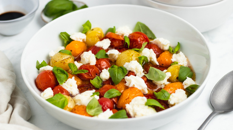 roasted caprese salad in bowl