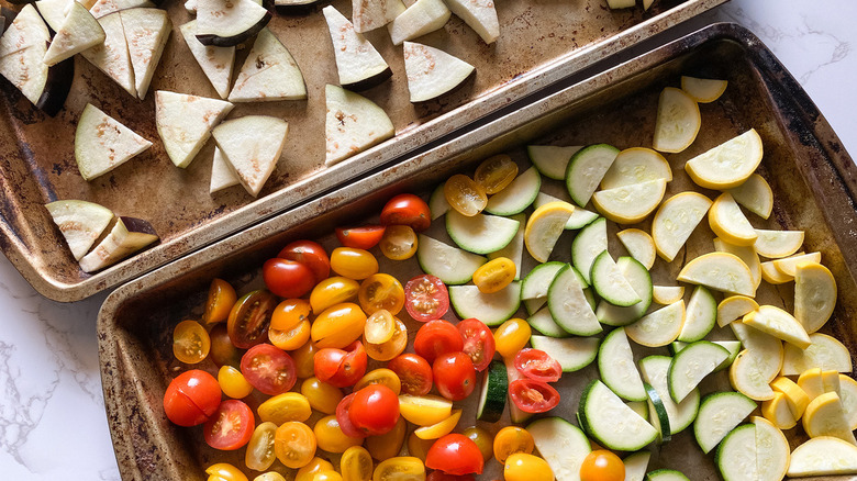 vegetables on baking sheets